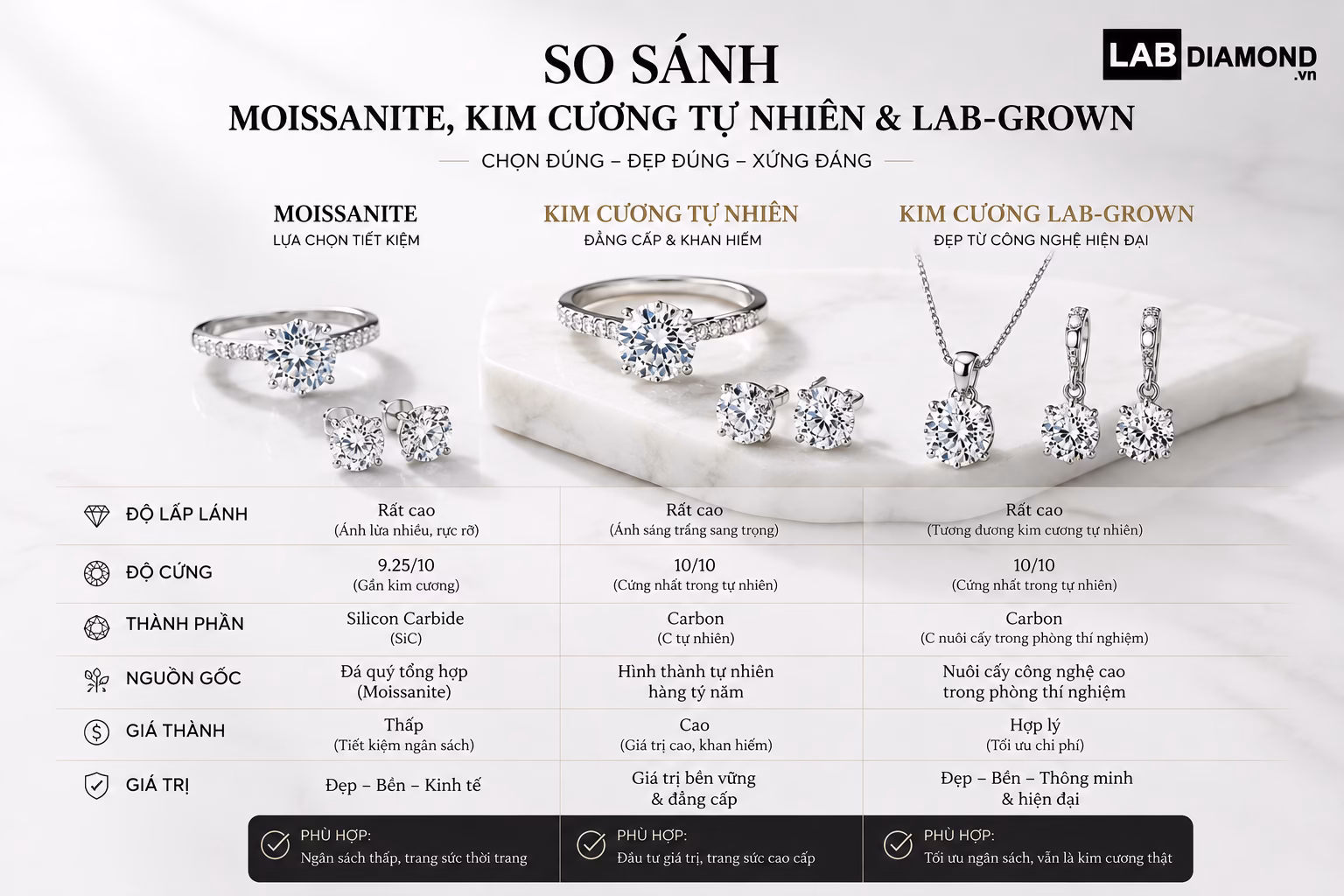 Nên chọn Moissanite, kim cương tự nhiên hay lab-grown?
