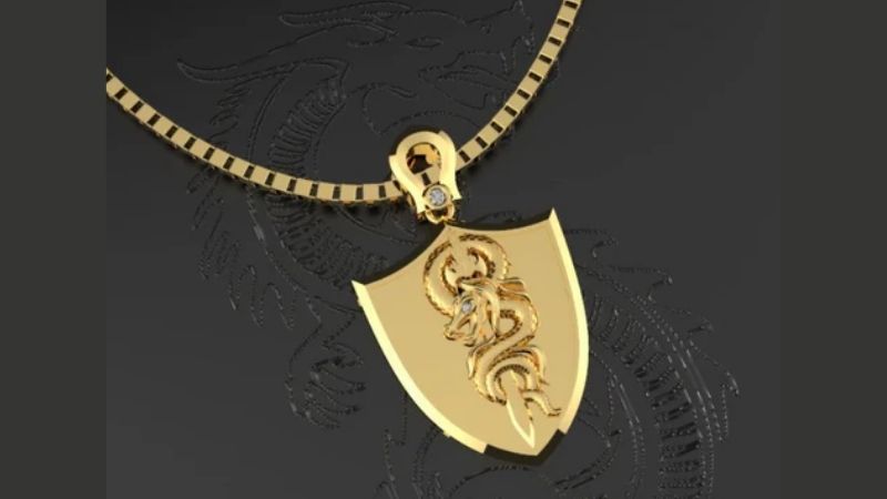 Dây chuyền vàng 18k nam 2 chỉ hình khiên rồng đính đá là lá bùa hộ mệnh mang ý nghĩa sự bảo vệ